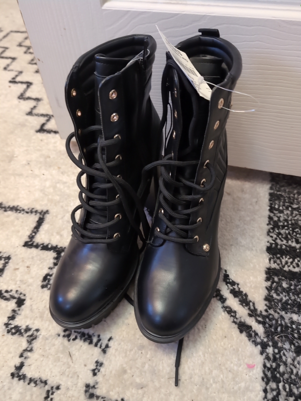 GBG Los Angeles Black Lace-Up Quilted Combat Boots